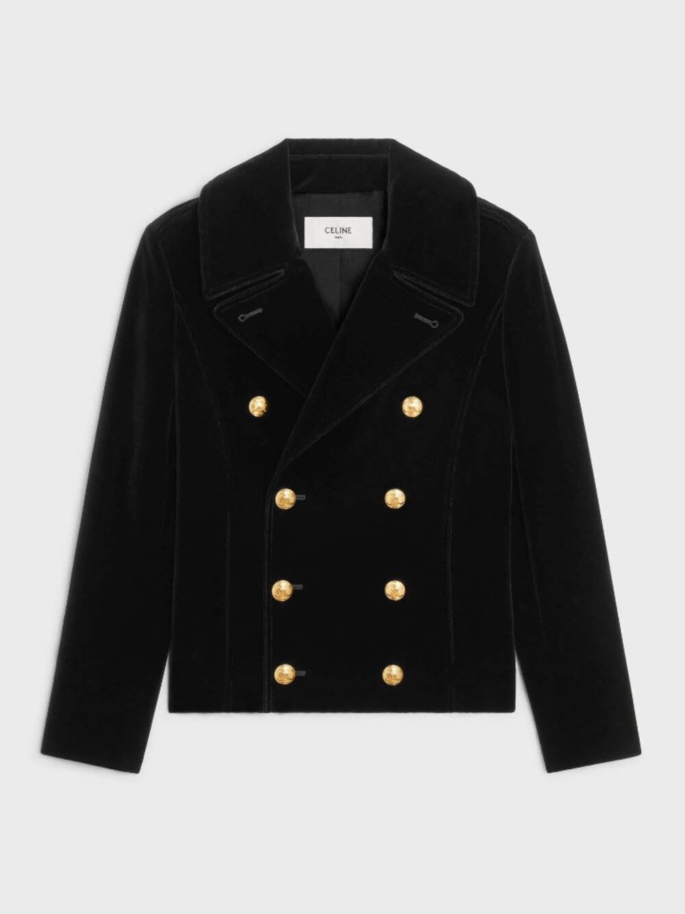 CELINE Black Cotton Velvet Double Breasted MILITARY PEACOAT Jacket 36 / 4